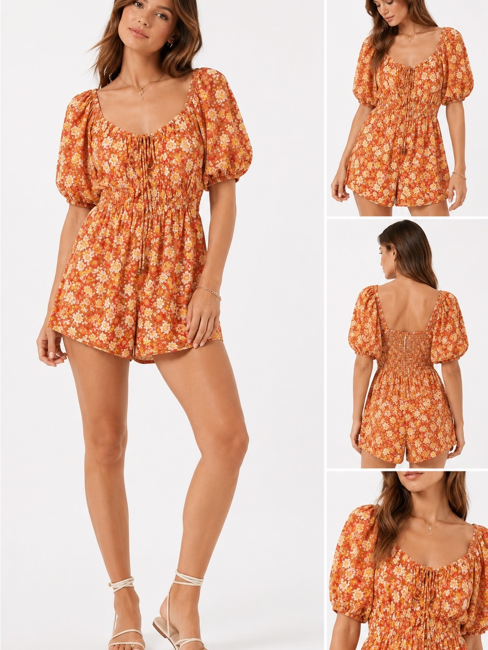 Free People Orange Floral Puff Sleeve Romper Boho Smocked Back